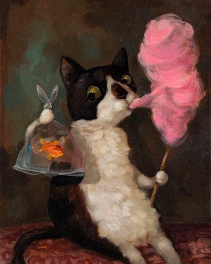 Cat with cotton candy and a goldfish