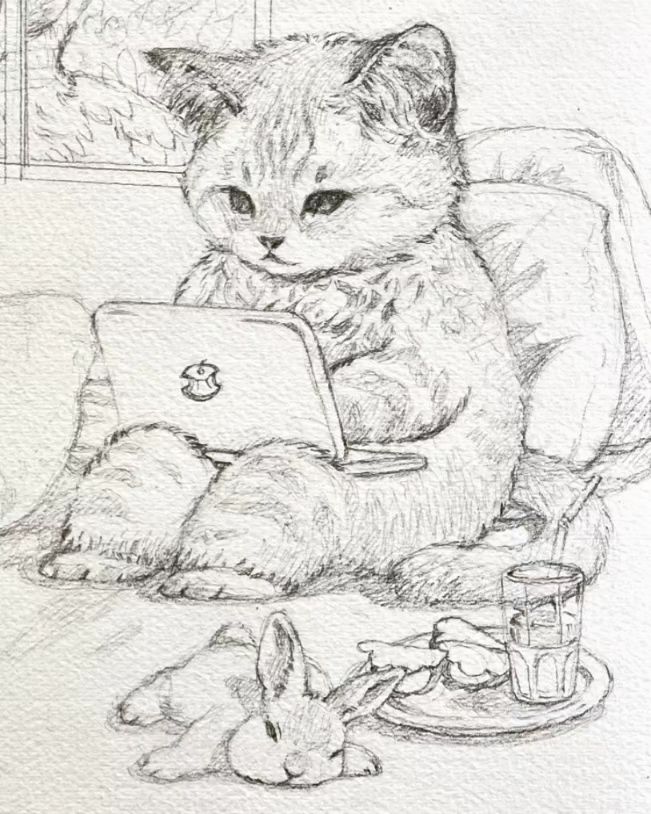 Pencil sketch of a cat on a laptop