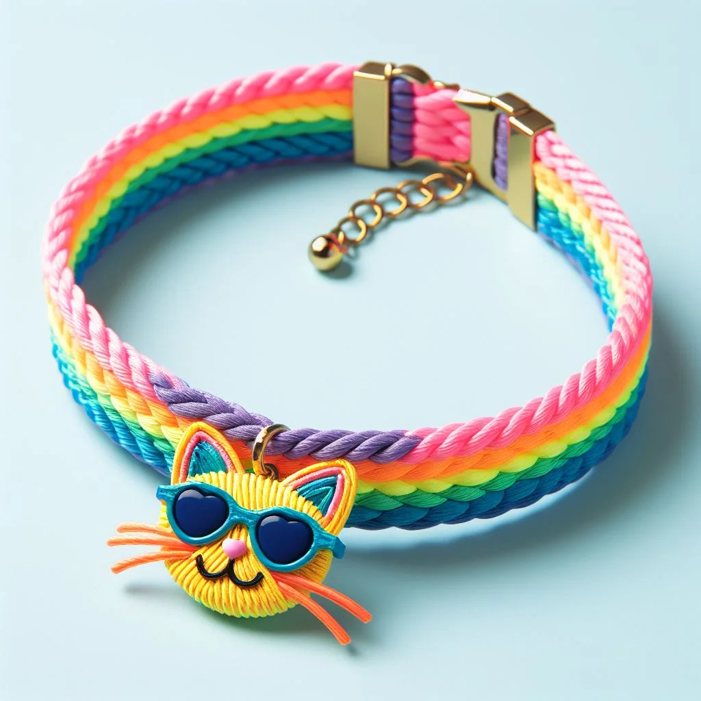 A playful cat collar made of braided neon rope in various colors, adorned with a charm shaped like a tiny pair of sunglasses.