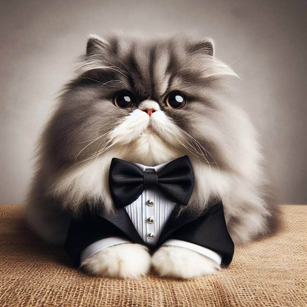 A cat wearing a bowtie and small tux for a Wedding