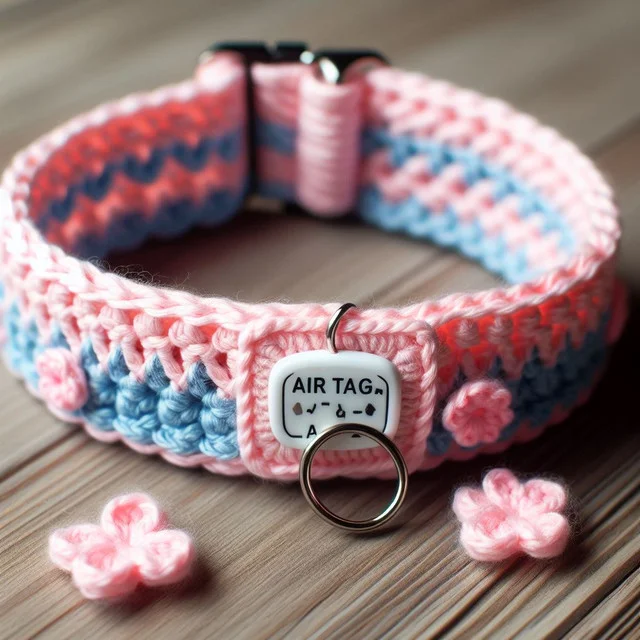 A hand-crafted cat collar made of crocheted with a place for an air tag
