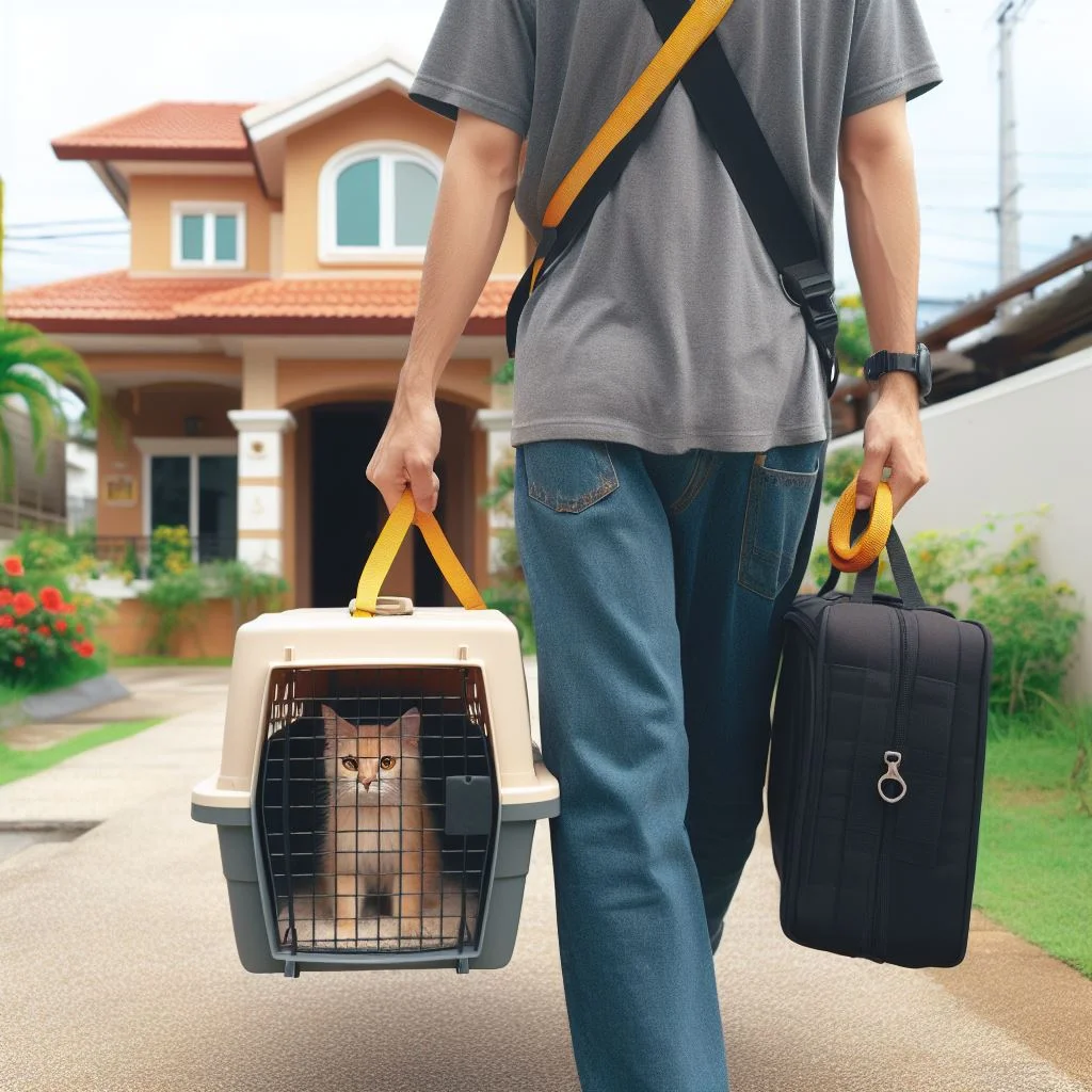 A person carrying bags and holding his cat in a crate