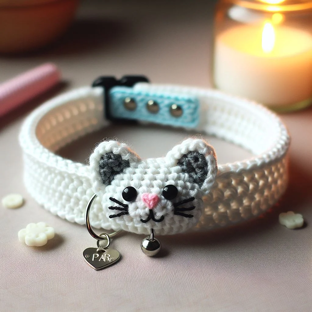 A hand-crafted cat collar made of crocheted