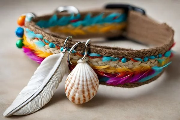 A bohemian-inspired cat collar made of woven hemp adorned with colorful feathers and a seashell charm.