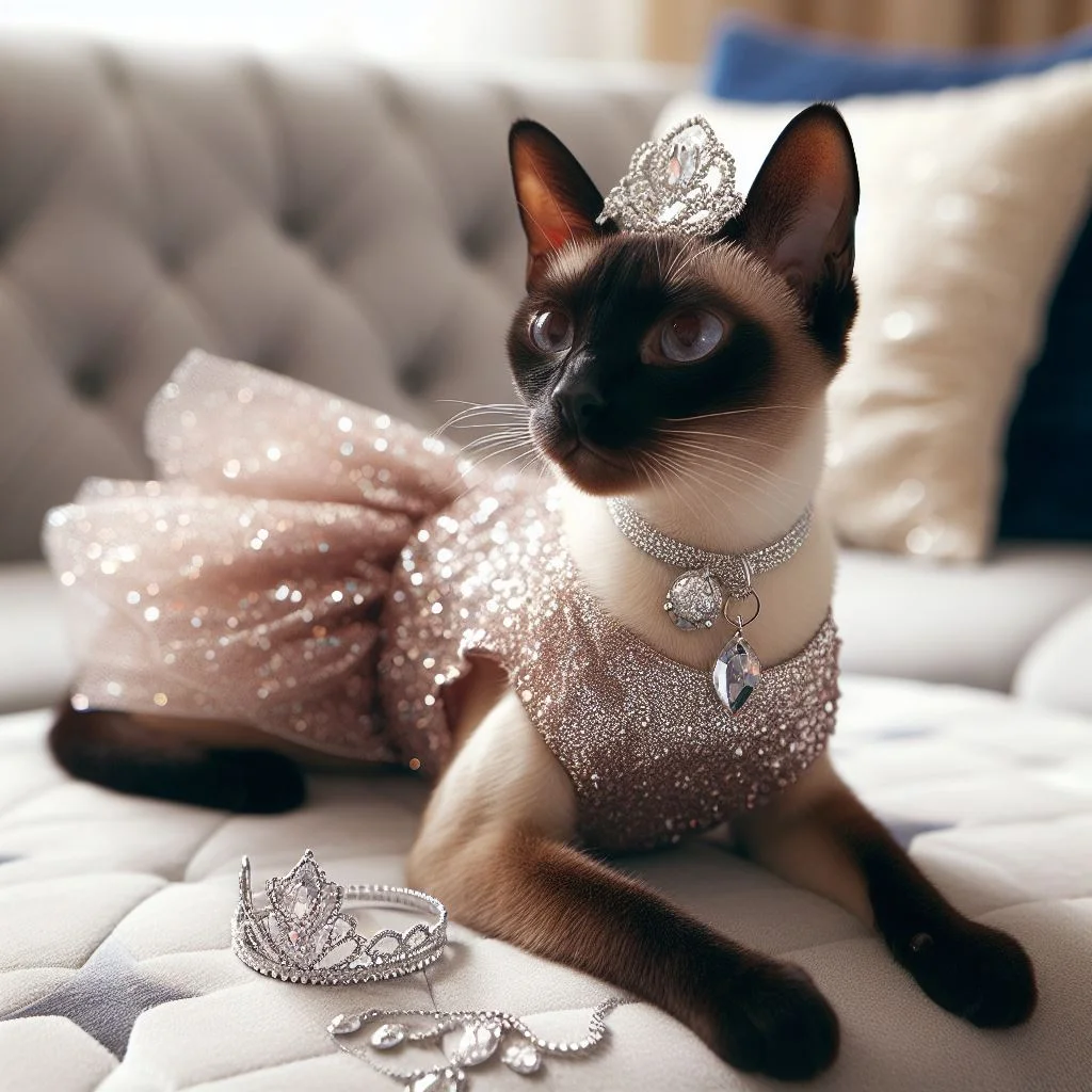 Cat in a glittery dress and tiara