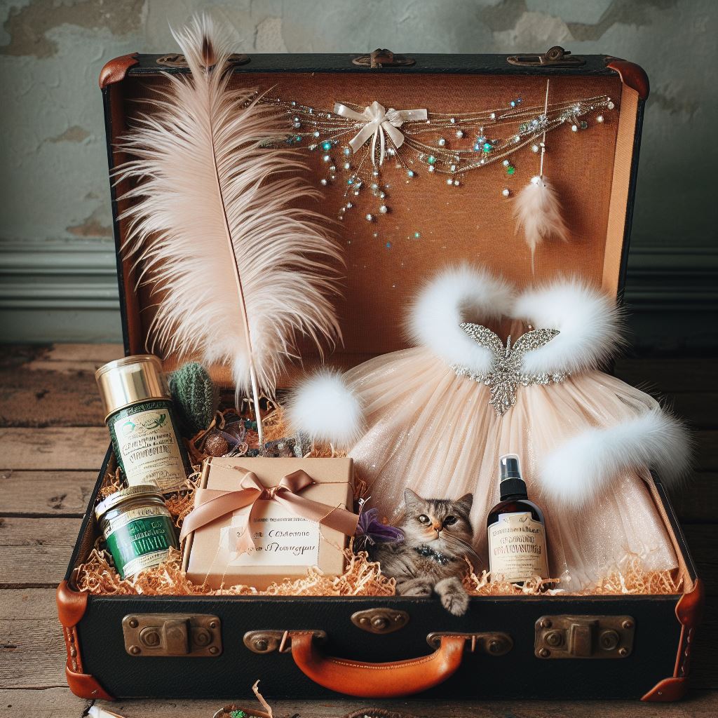 A vintage suitcase transformed into a gift basket, filled with a fluffy cat cape, a feather wand with sparkling decorations, and a bottle of organic catnip spray