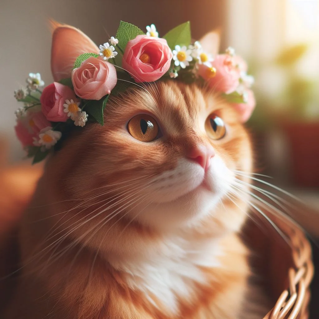 A cute orange cat in a floral crown for springtime