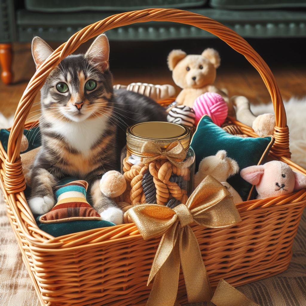 A wicker basket overflowing with plush toys, a luxurious velvet cat bed, and a jar of gourmet cat treats tied with a golden ribbon.