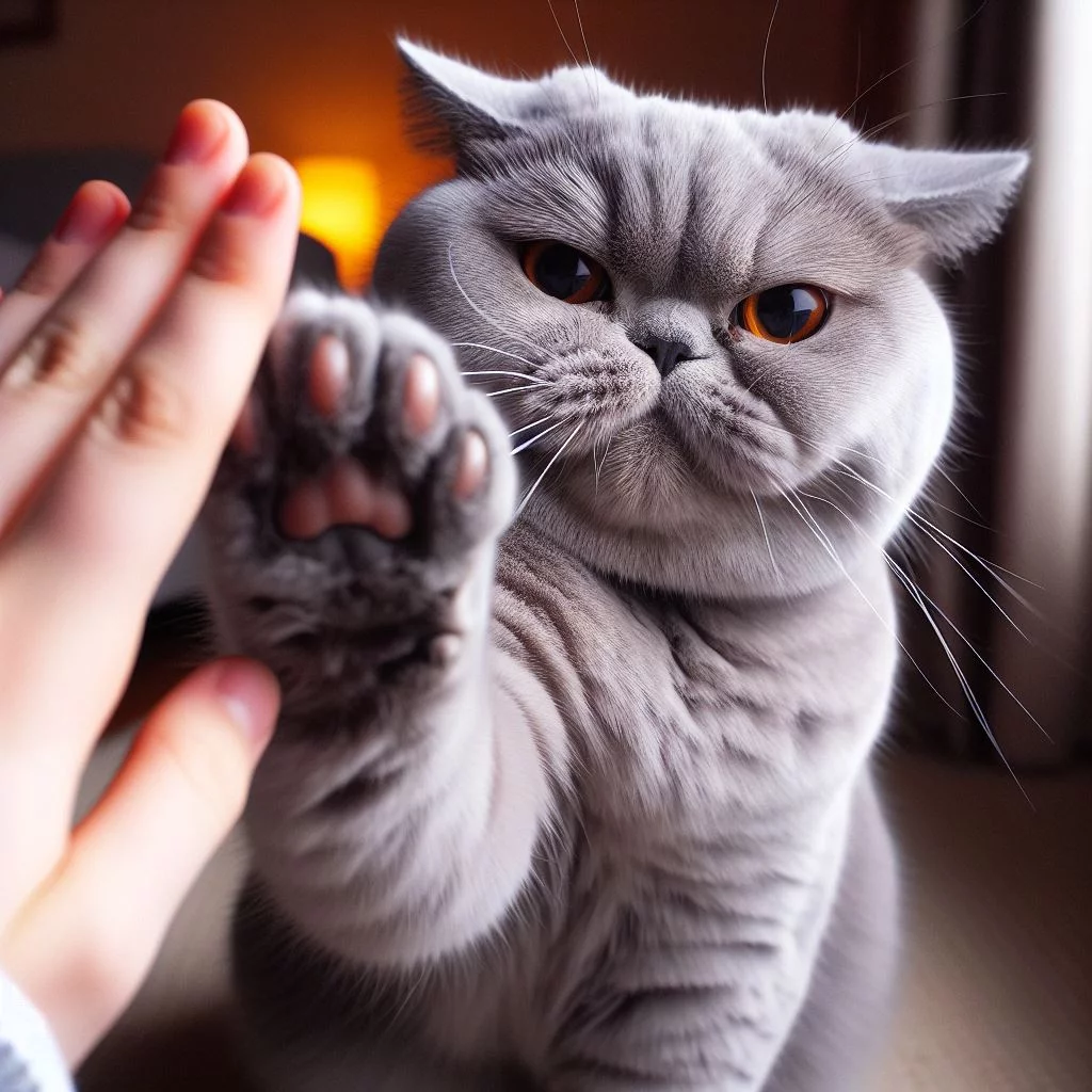 A grumpy British Shorthair cat swatting playfully at the camera and high-fiving owner