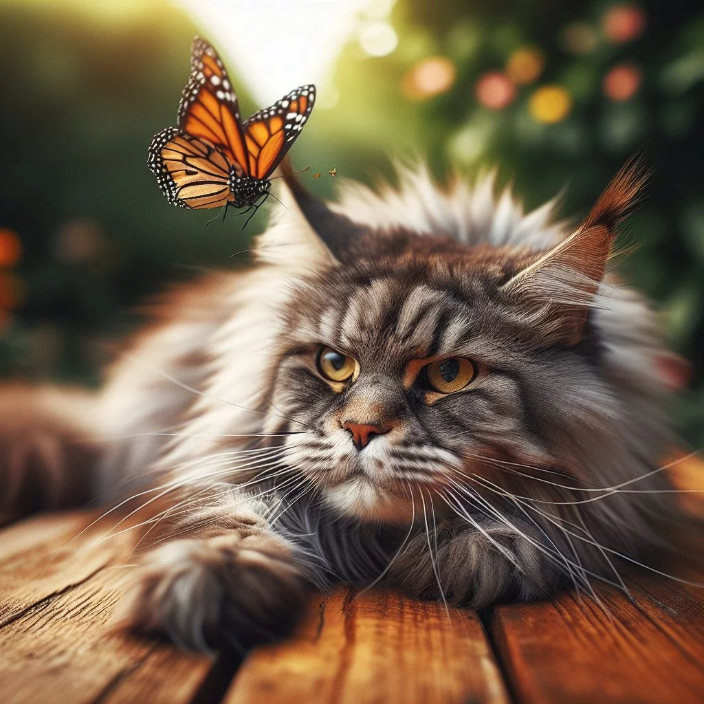 A Maine Coon cat with a grumpy frown swatting at a butterfly that dares to come too close
