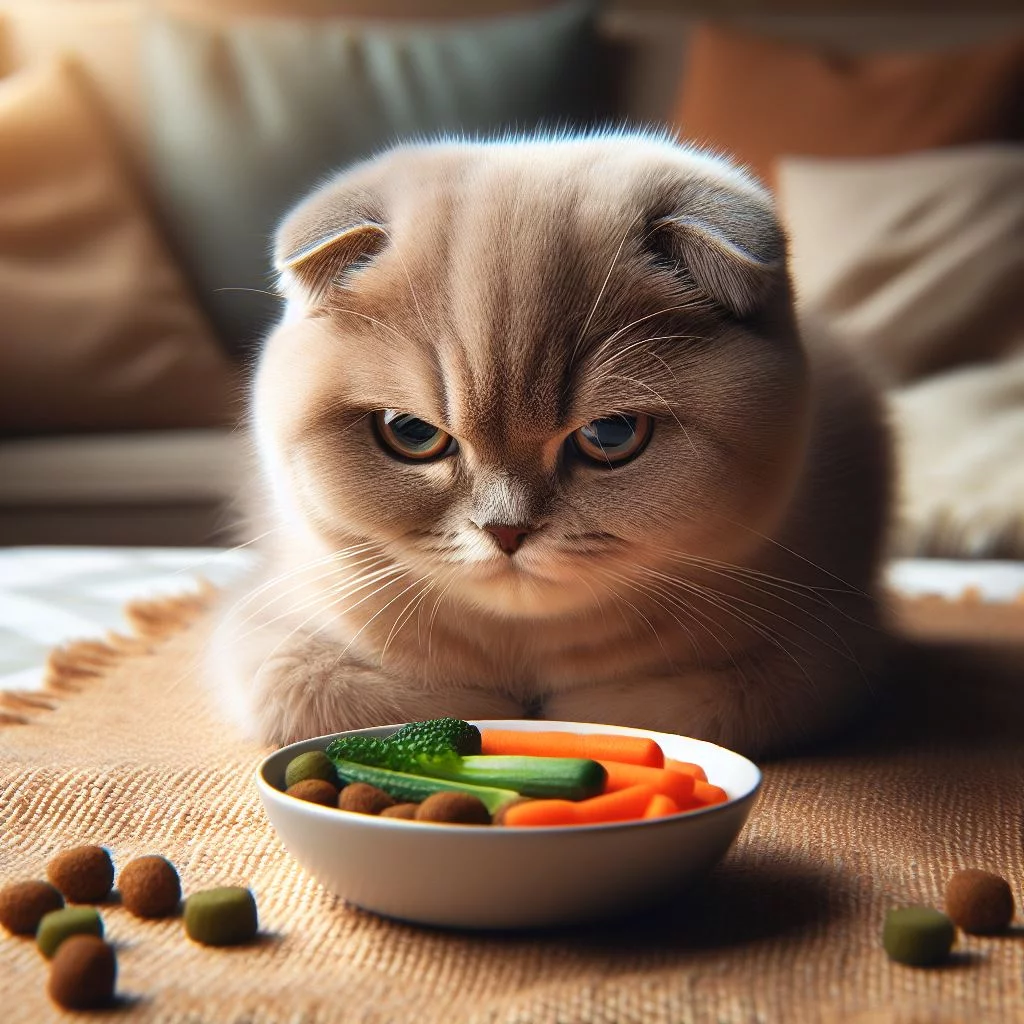 A Scottish Fold kitten with perpetually grumpy eyebrows looking disapprovingly at a bowl of vegetables