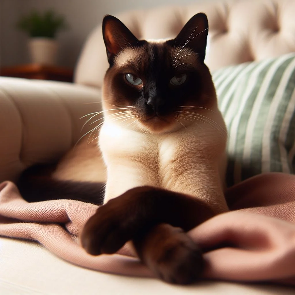 A Siamese cat with crossed paws sitting regally on a chaise lounge