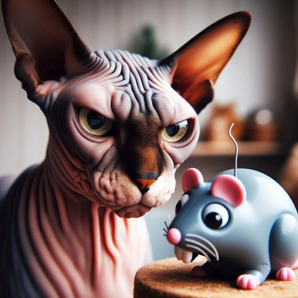 A Sphynx cat with a furrowed brow glaring disapprovingly at a noisy wind up mouse toy that won't leave