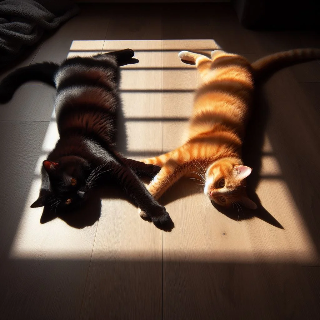 A black cat and an orange cat lie sprawled on opposite ends of a long sunbeam their paws reaching out