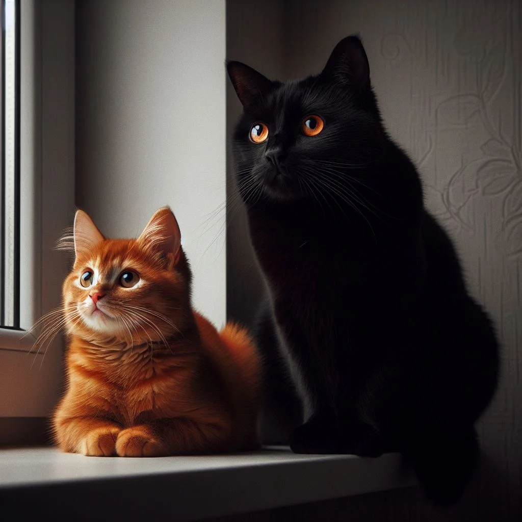 A black cat and an orange cat sit perched on a windowsill side by side gazing out at the world