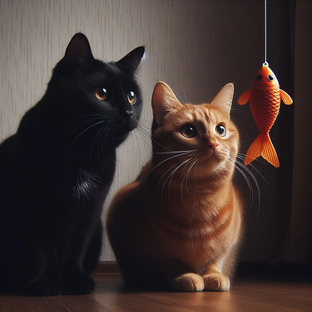 A black cat and an orange cat sit side by side intently focused on a toy fish dangling from a string