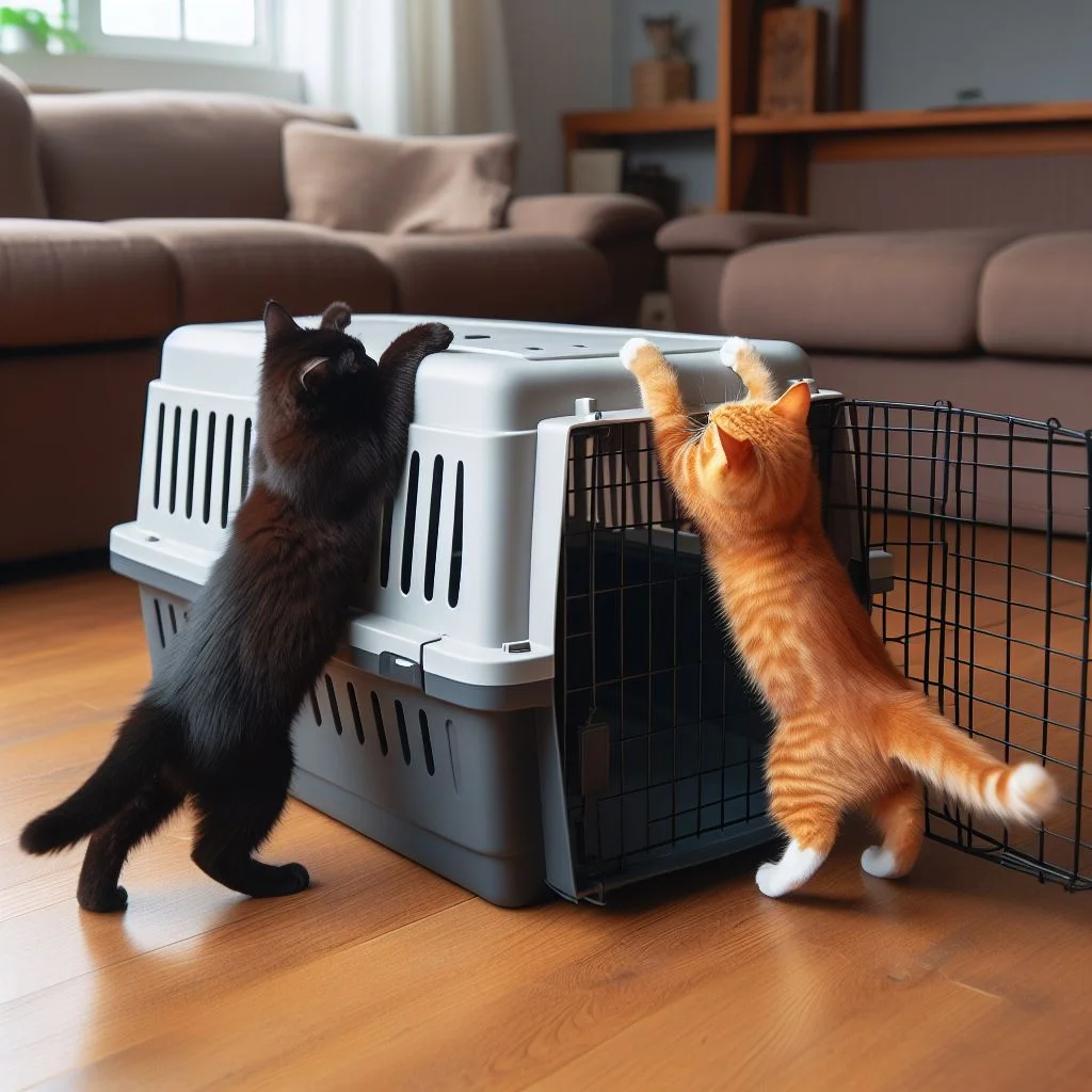 A black cat and an orange cat work together to open a cage, climbing over