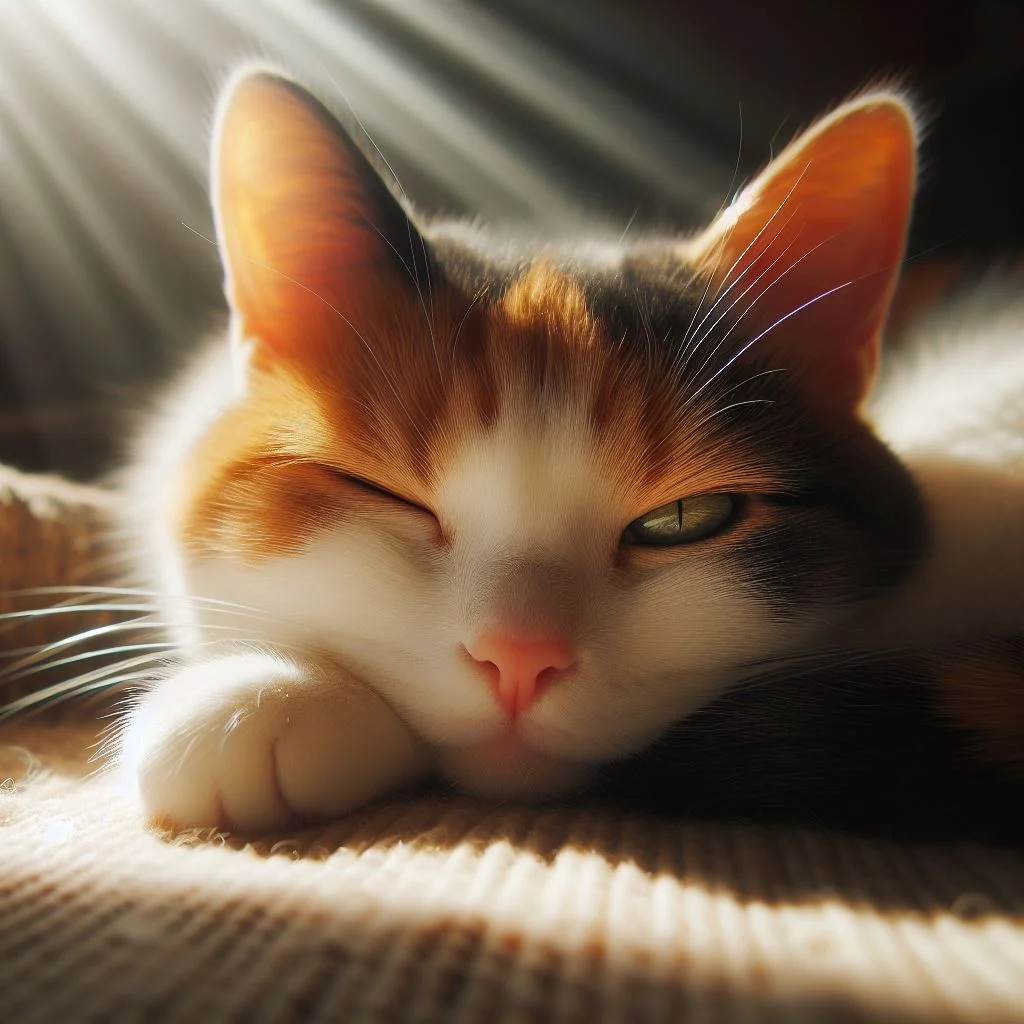 A calico cat napping peacefully in a sunbeam but one eye open and slightly narrowed