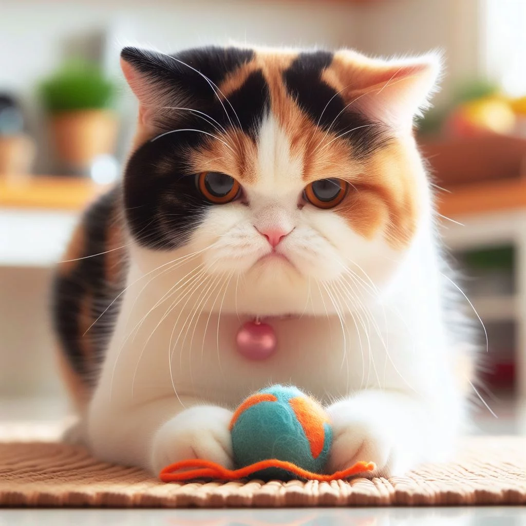 A calico cat with a grumpy pout refusing to play with its favorite toy because it's dirty