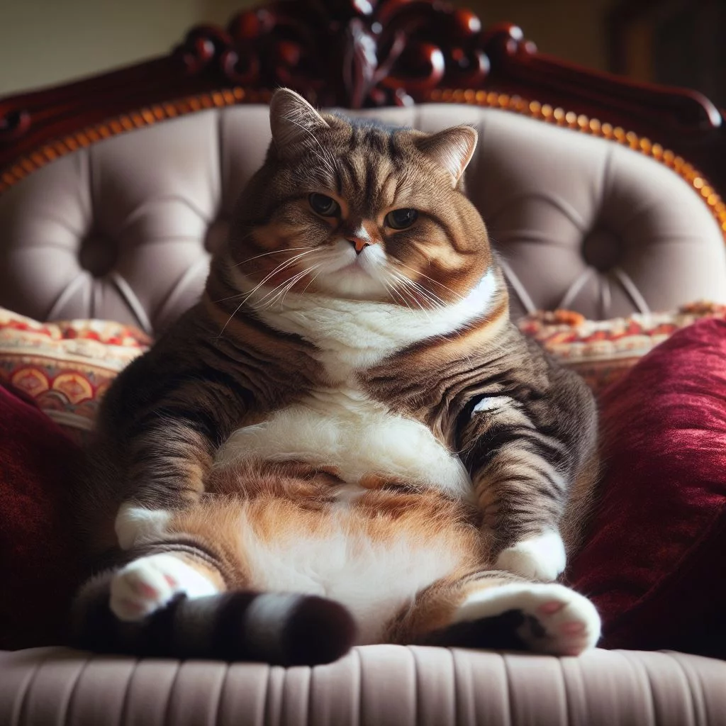 A chunky cat sitting regally on a throne of pillows looking mildly annoyed with an impish grin