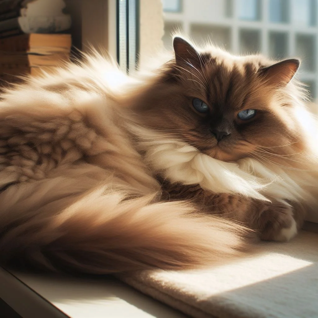 A fluffy Ragdoll cat sprawled out on a sunny windowsill looking grumpy because the humans are blocking