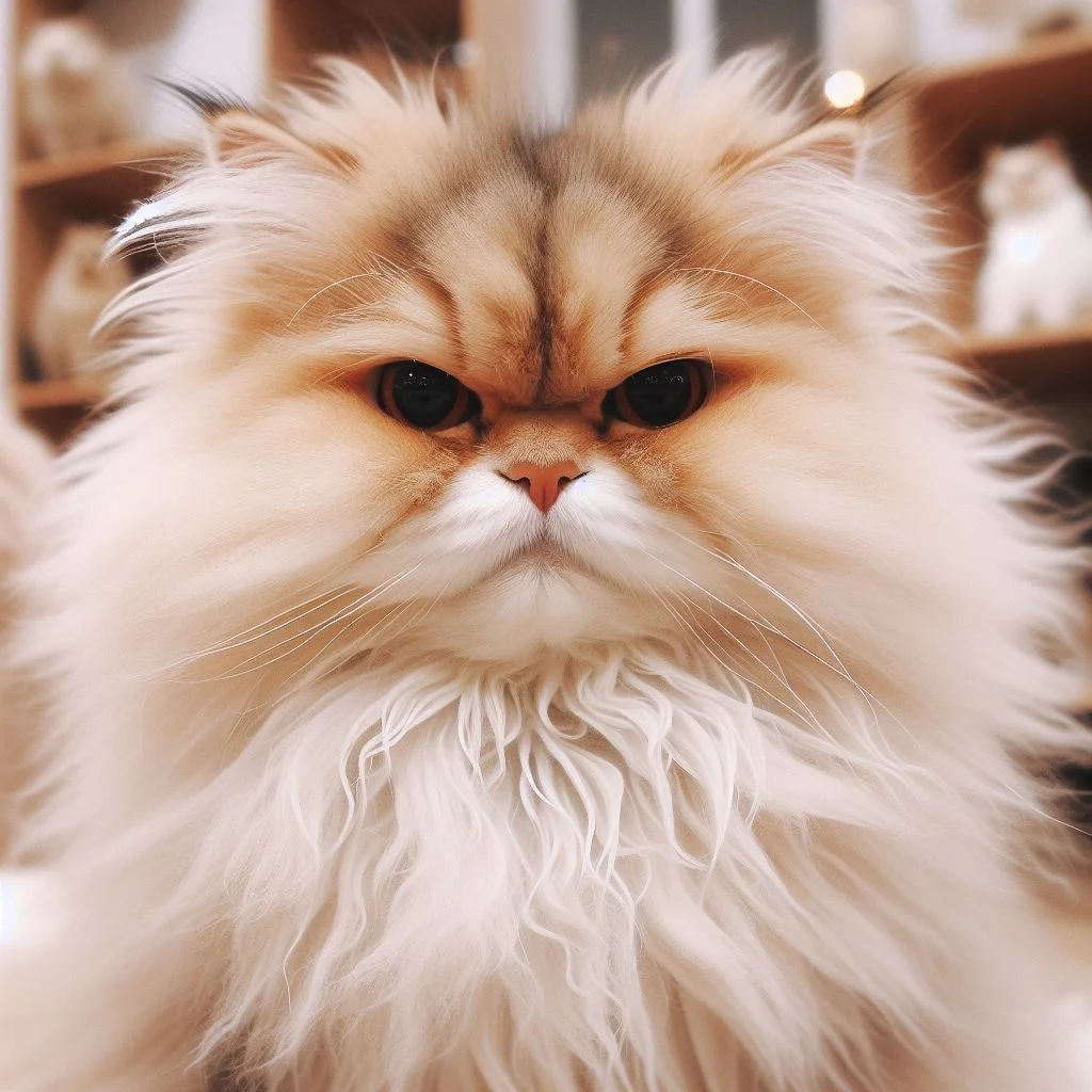 A fluffy Turkish Angora cat with a perpetual grumpy expression but soft adorable fur