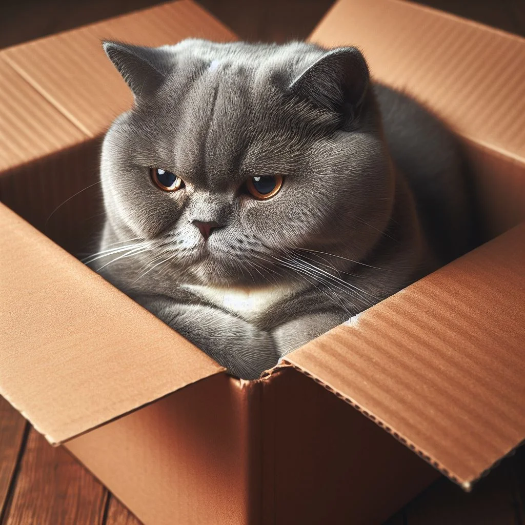 A grumpy British Shorthair cat sitting in a cardboard box looking
