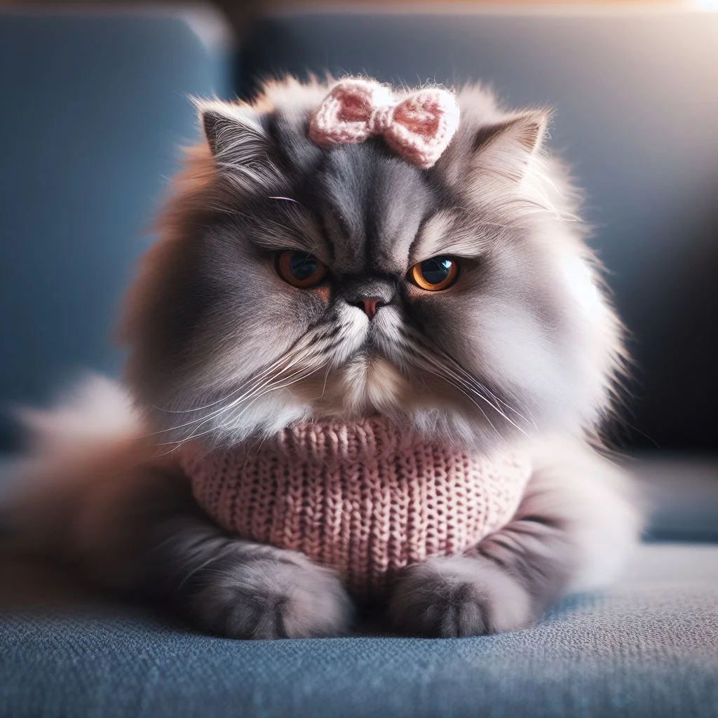 A grumpy Persian cat wearing a tiny knitted sweater that it clearly loathes glaring daggers at the camera