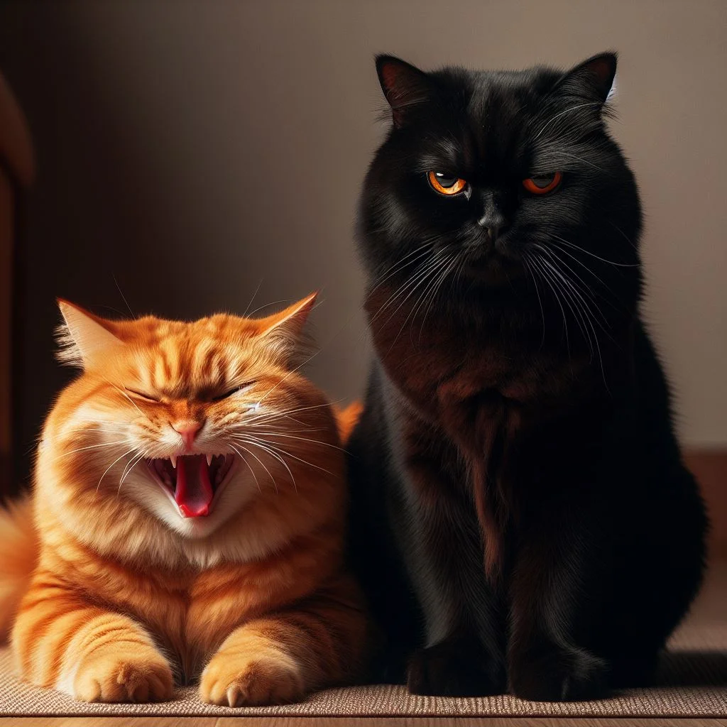 A grumpy black cat with a perpetually furrowed brow sits next to an orange cat rolling on the floor