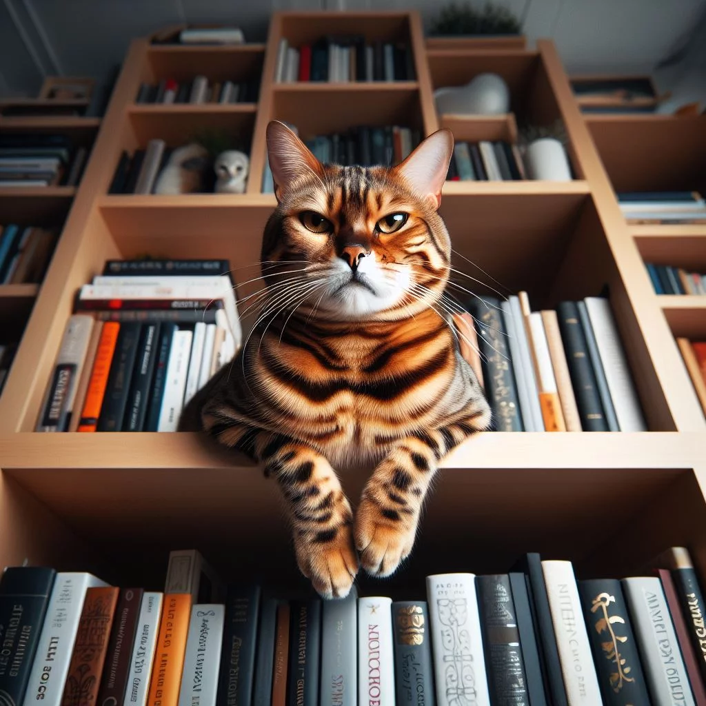A grumpy looking Bengal cat perched on a high bookshelf judging everyone beneath it