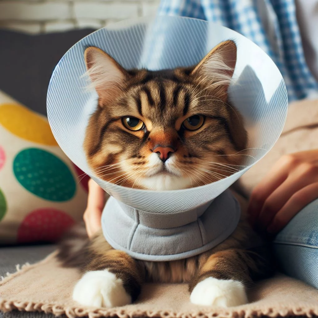 A grumpy tabby cat wearing a cone after a vet visit clearly not amused