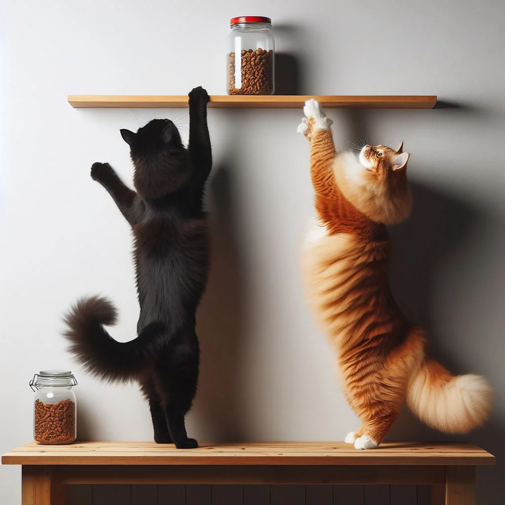 A sleek black cat and a fluffy orange cat stand on their hind legs reaching for a treat jar on a shelf
