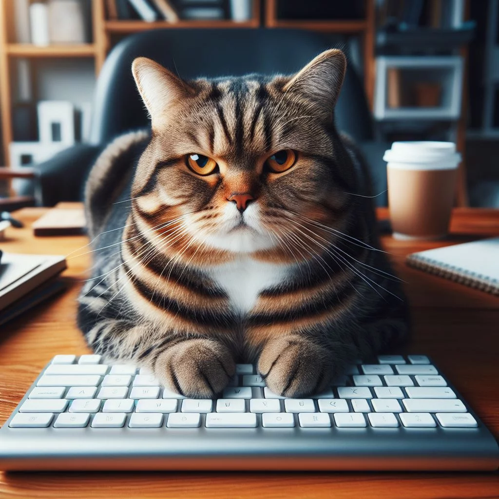 A tabby cat sitting on a keyboard with a grumpy frown clearly disapproving of being interrupted