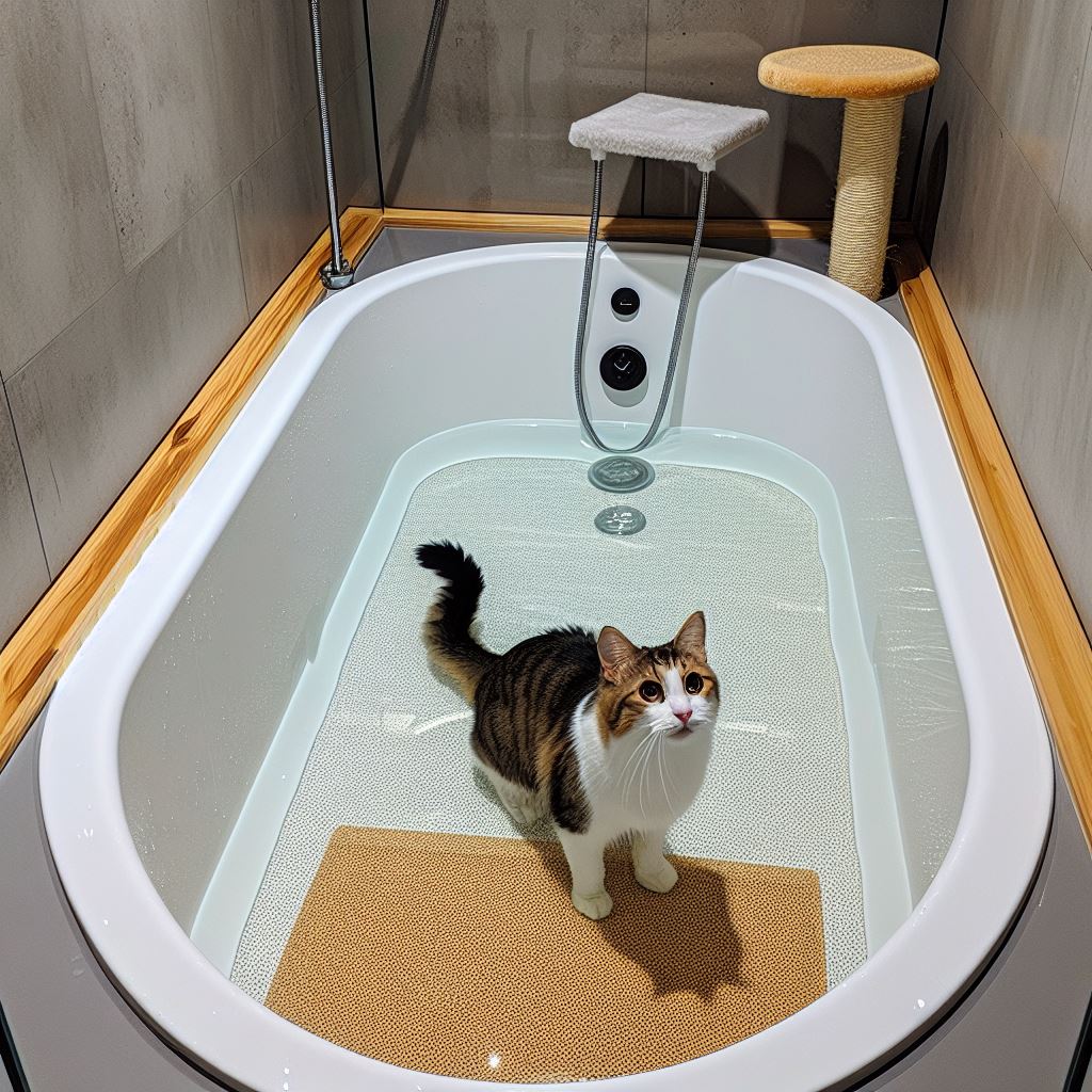 Bathroom decorations and scratch posts for a playful bathtime