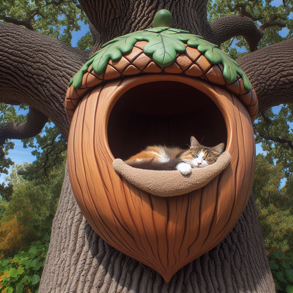 A whimsical cat nap station shaped like a giant acorn, nestled amongst the leaves of a towering oak tree.