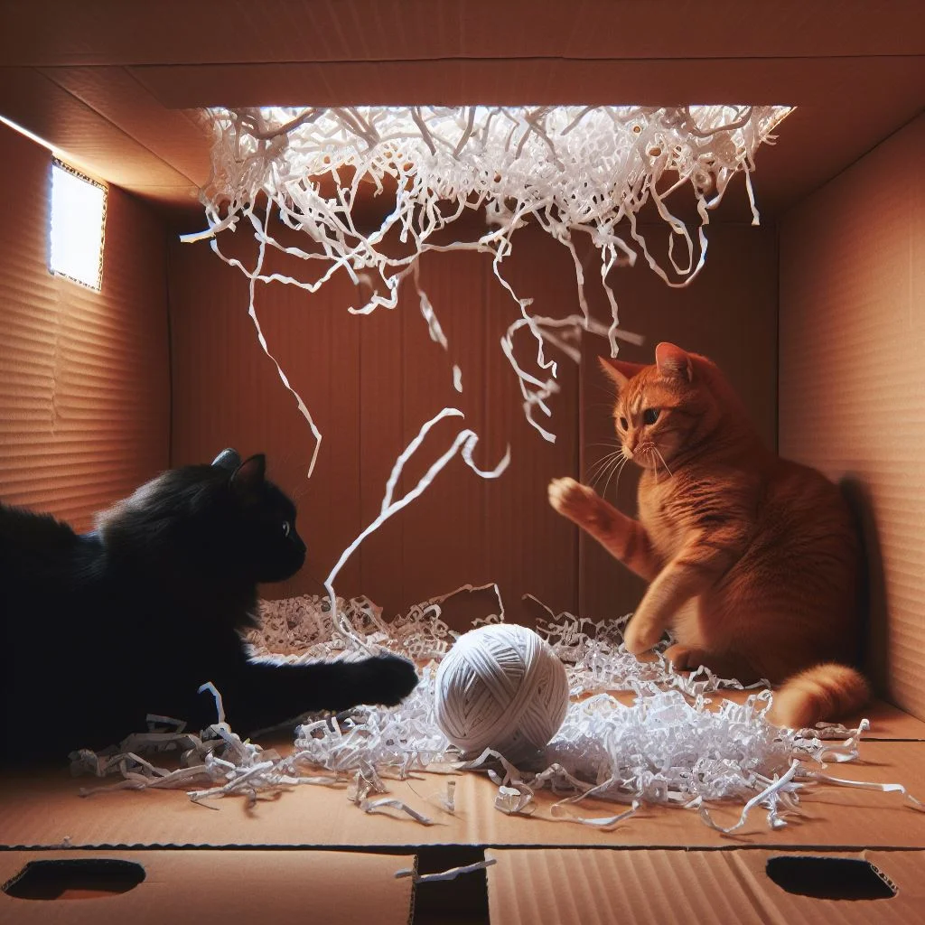 Inside a cardboard fort with shredded paper, a playful fight ensues between a black cat and an orange cat