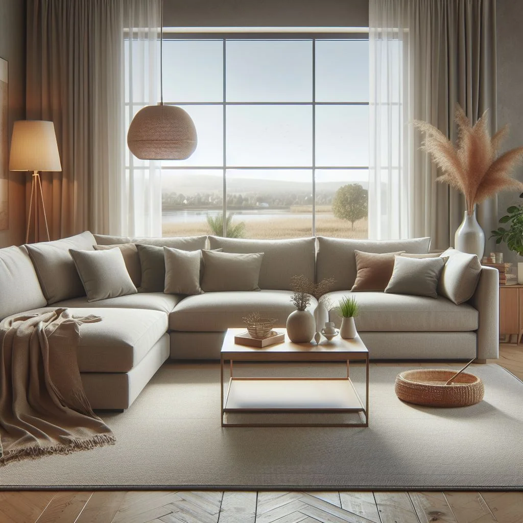 A cozy living room with a microfiber sectional couch in a neutral tone resistant to snagging