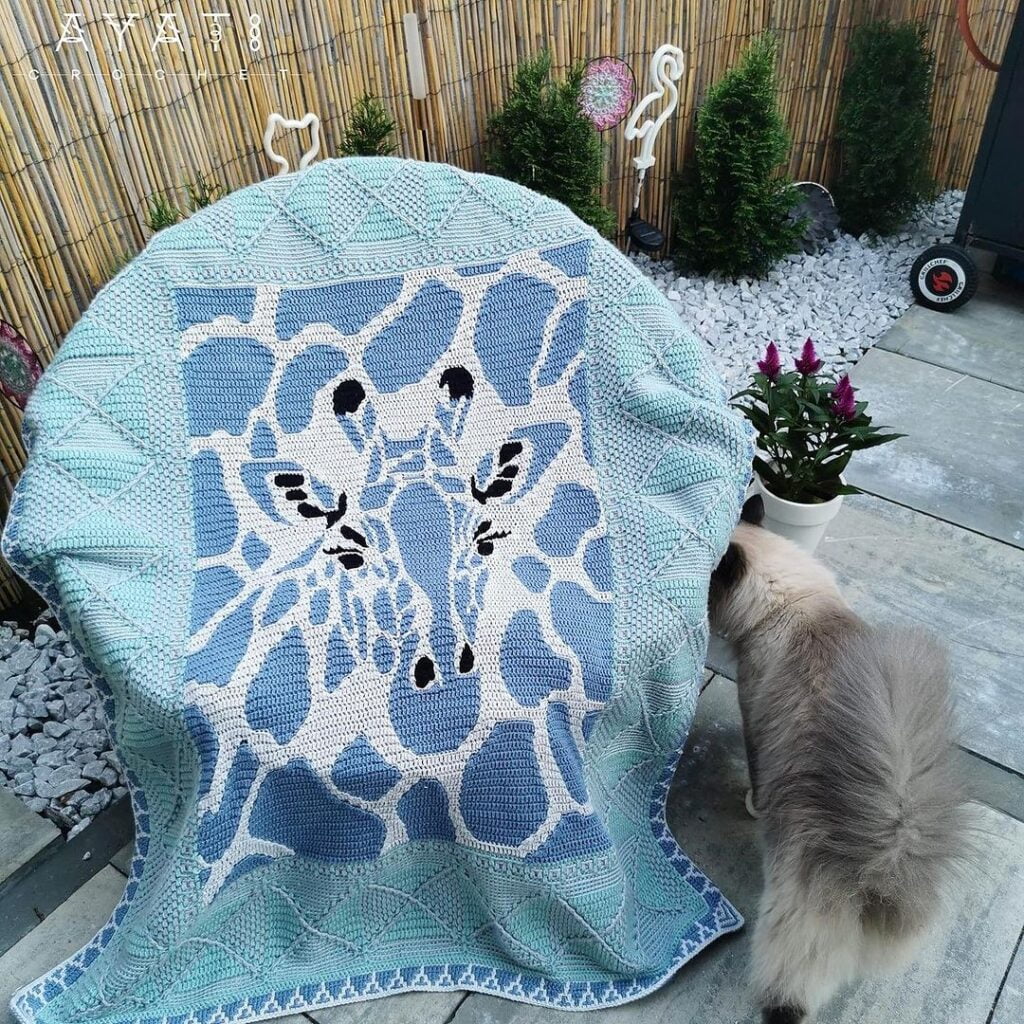Blue Giraffe on Turquoise Crochet Cat Blanket