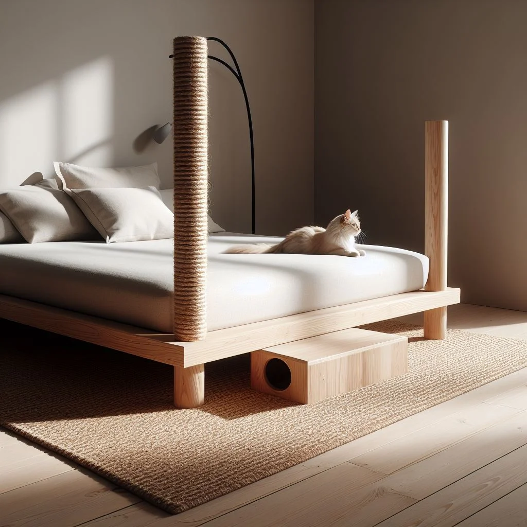 A minimalist bedroom with a platform bed frame made of sturdy wood featuring a sisal rope scratching