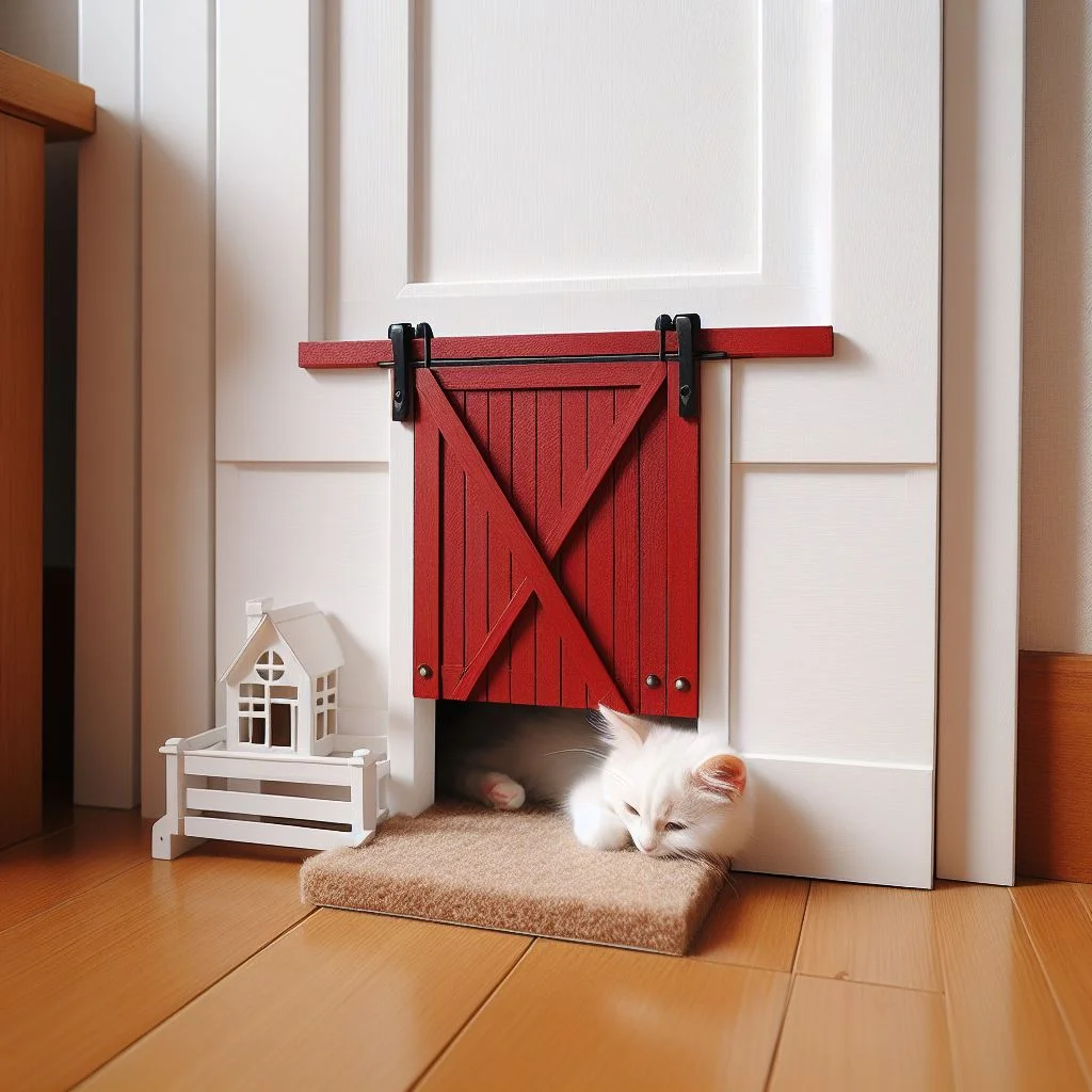 Rustic Barn Door- A white door with a miniature rustic-themed sliding red barn door at the bottom, allowing access for cats.