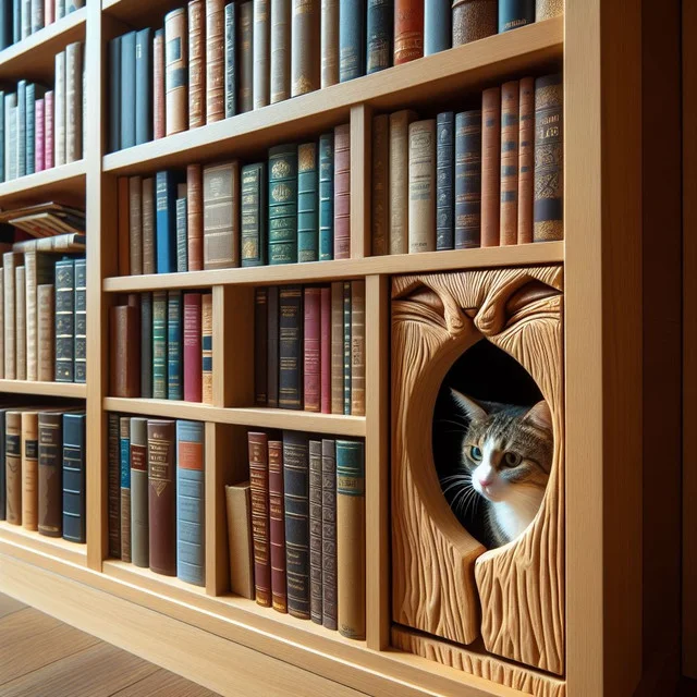 Hidden Book Nook Door-A bookshelf with a cleverly disguised cat door hidden within a hollowed-out book, blending seamlessly with the surroundings.