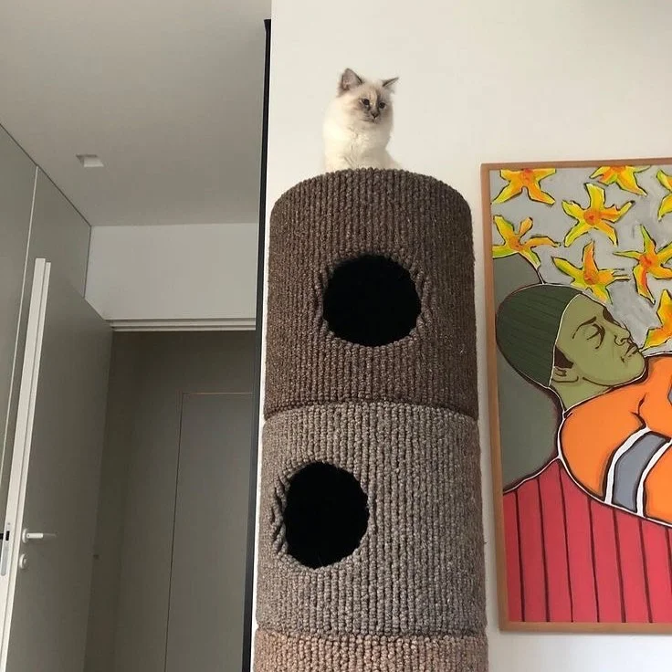 Upcycled Cardboard Tree Trunk Cat Bed Covered with Brown Fabric