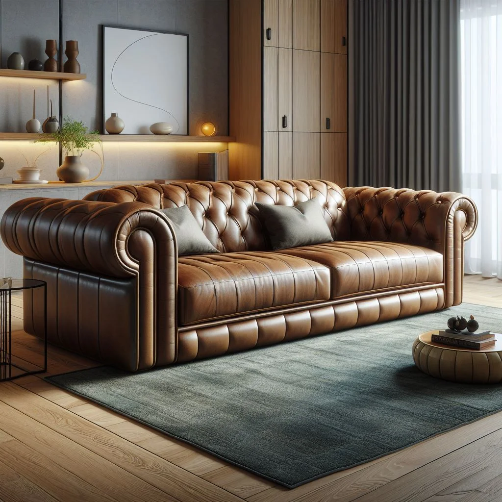 A modern living room featuring a sleek leather sofa with rolled arms perfect for deterring scratching