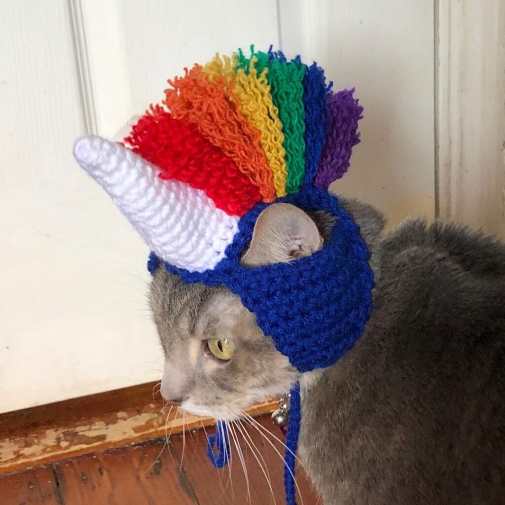 Unicorn crochet hat with a rainbow maw hawk