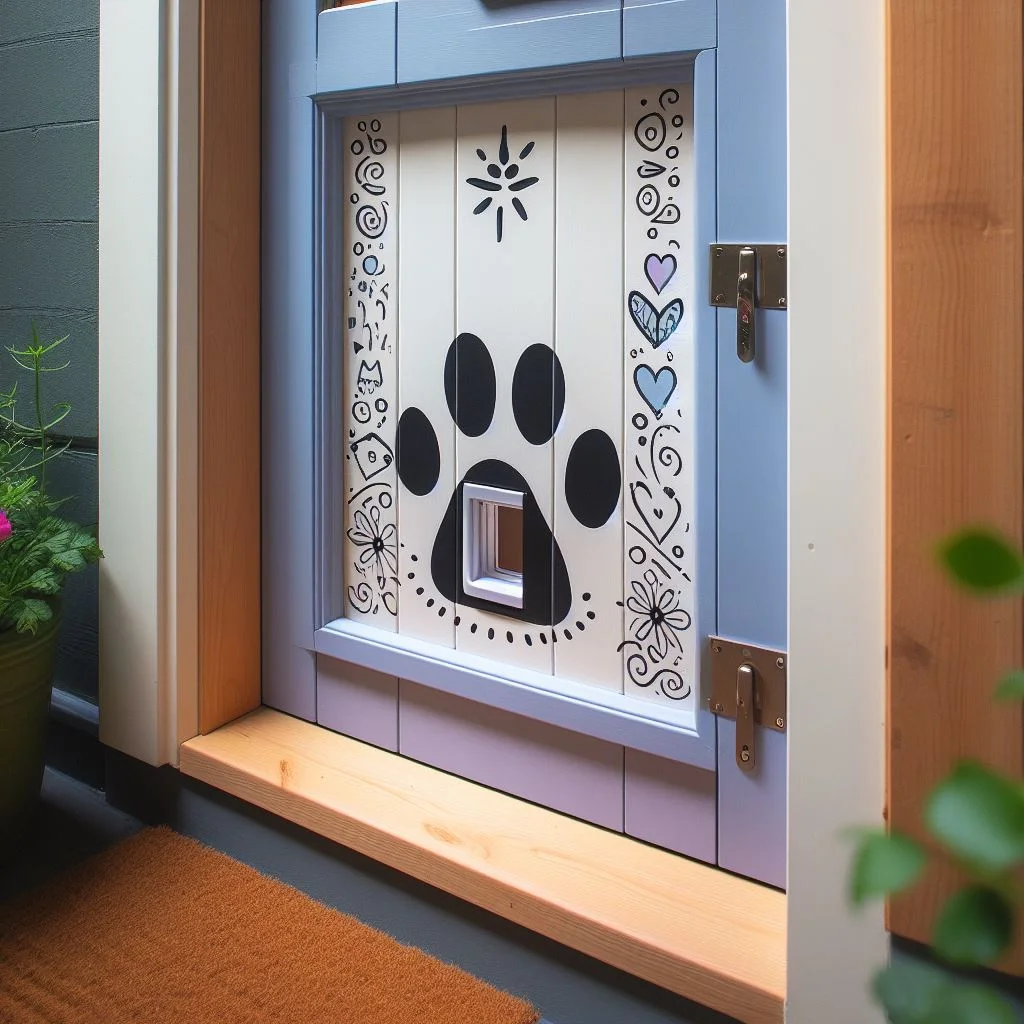 A Dutch door with the bottom half painted a different color and outfitted with a small cat door with a paw drawing