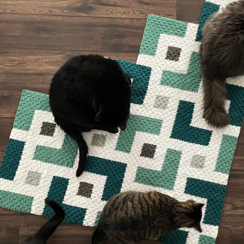 Patterned Square Gray & Green Cat Blanket