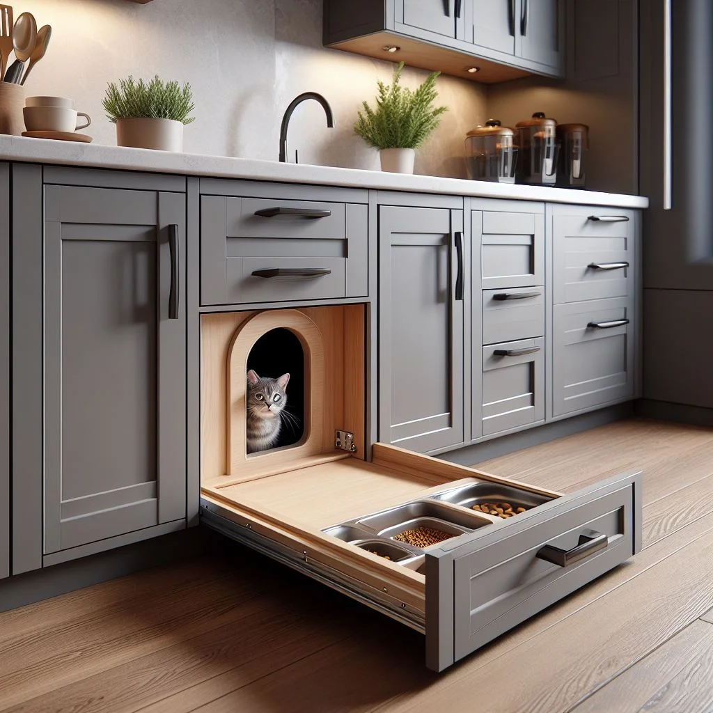 A stylish kitchen cabinet with a hidden disguised drawer at the bottom opening to reveal a cat door and food bowls