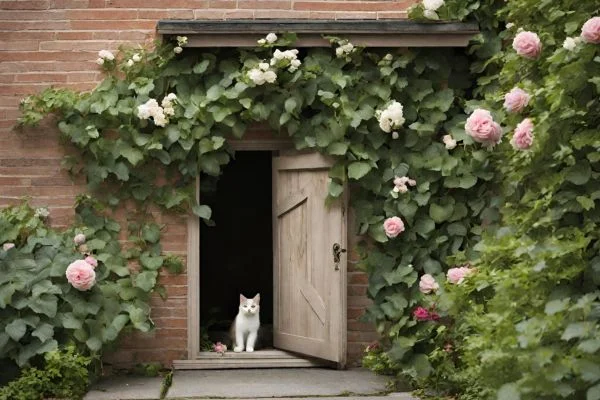 A cat door at the base of the back door of a house hidden with draped flowing vines and flowers