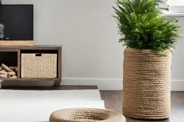 A cozy living room with a sisal rope scratching post disguised as a tree trunk