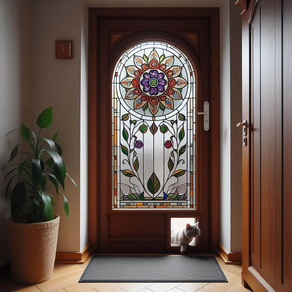 Stained Glass Portal-A beautiful stained glass window with a small cat door integrated into the design, allowing light and cat access simultaneously.